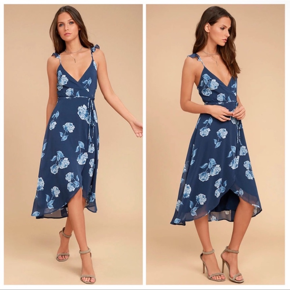 Lulus One Desire Navy Blue Floral Print Wrap Dress